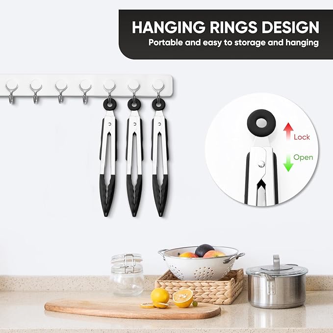 Small Silicone Tongs for Cooking,3 PCS 7-Inch Mini Serving Tong-600°F Heat Resistant Non Stick Stainless Steel Tong s with Silicone Tips Food Tong Cooking Tongs for Salad,Buffet Serving(Black)