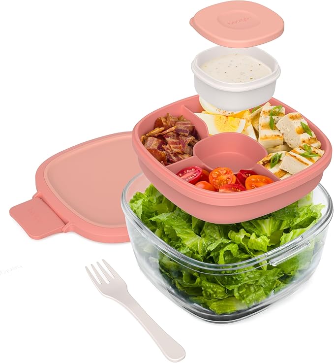 Bentgo Glass All-in-One Salad Container - Large 61-oz Salad Bowl with Lid, 4-Compartment Bento-Style Tray, 3-oz Sauce Container, and Reusable Fork - Dishwasher, Microwave, and Oven Safe (Coral)