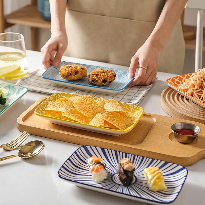 Selamica Ceramic Rectangular Salad Plates Set of 4, Small Serving Plates for Appetizers, Sushi, Fruit, Assorted Colors
