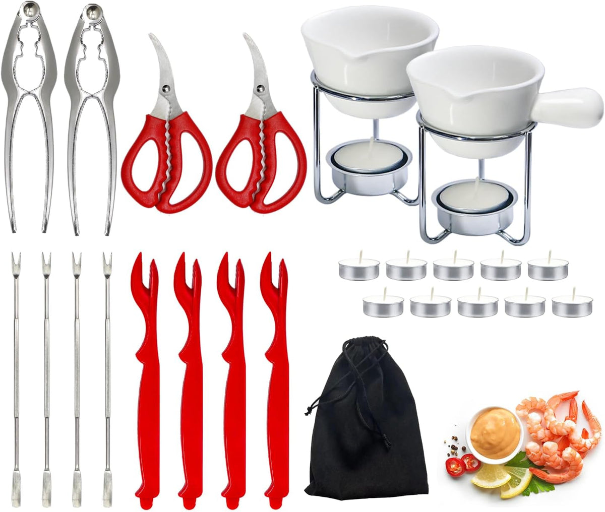 Crab Crackers and Tools Set with 2 Crab Leg Cracker,2 Butter Warmer for Seafood,4 Crab Leg Forks,4 Lobster Shellers,2 Seafood Scissors,10 Tealight Candles,1 Bag,seafood crackers and tool(25pcs)