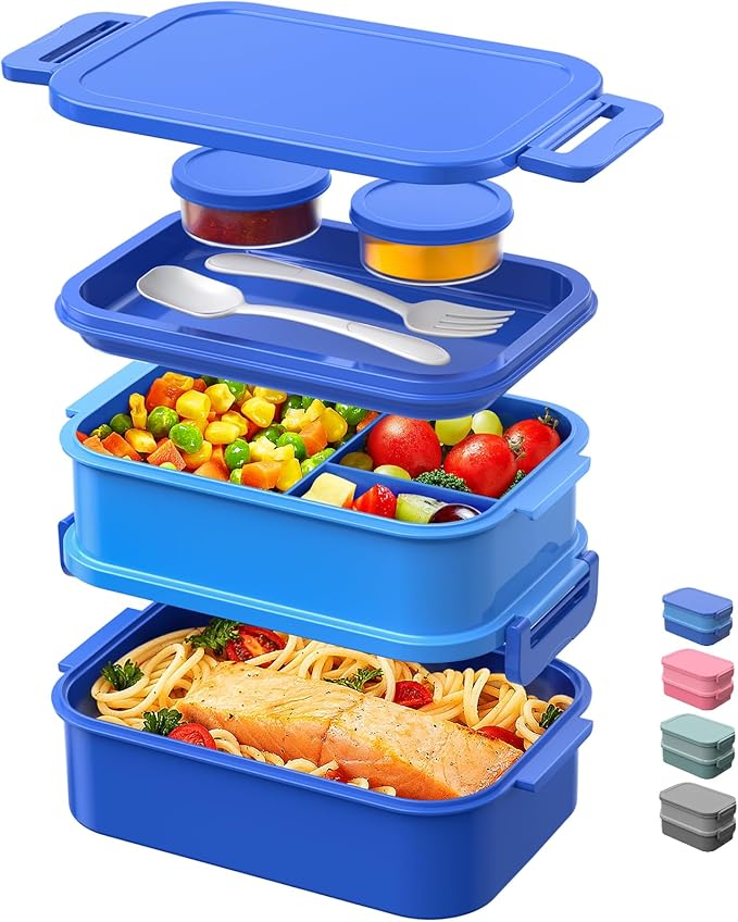 DaCool Bento Box Adults Lunch Container - 74 OZ Stackable Leakproof Bento Lunch Box for Adults Men Boys Teens Large Lunch Box Containers with Fork Spoon Sauce Boxes for Work School Dining Out, Blue