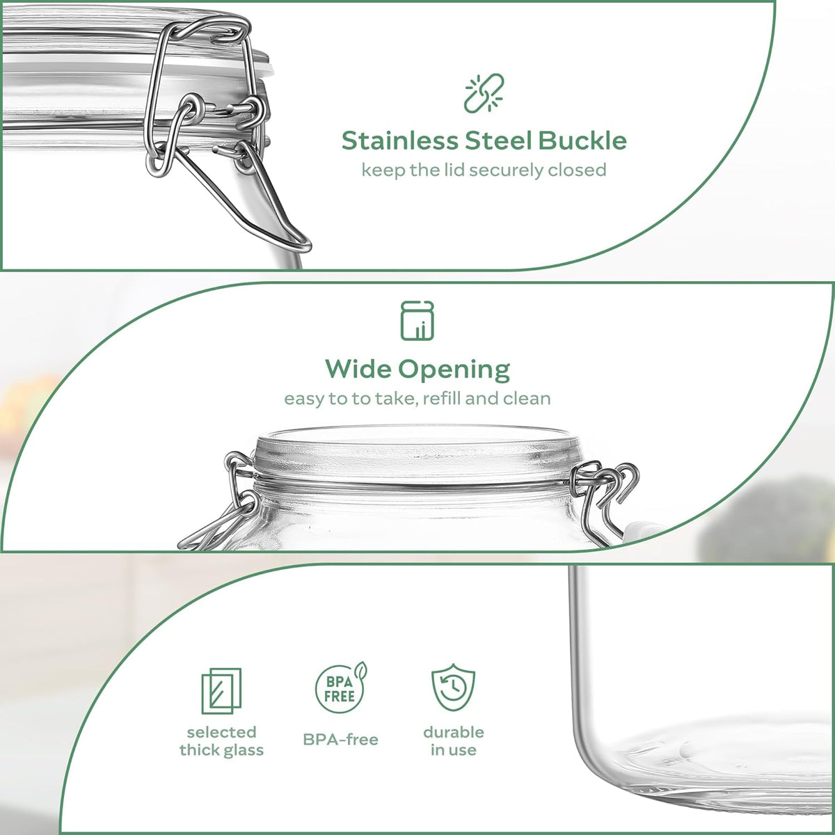 Glass Food Storage Jars with Airtight Lids 25 oz Square 4 Pack Kitchen Storage Containers Cabinet Canisters Sealed Pot Canning for Pasta, Cereal, Coffee, Beans, Spice