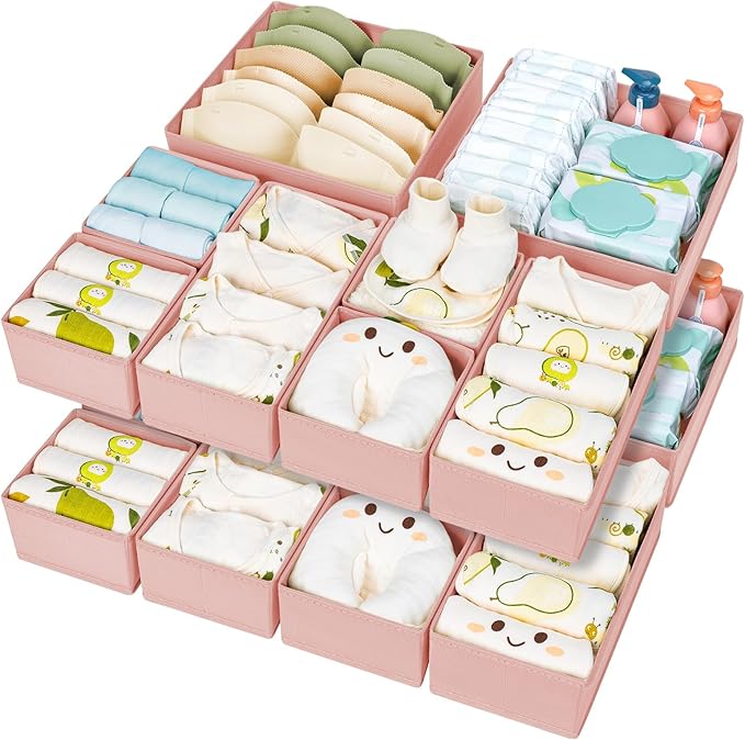 DIMJ Drawer Organizer Clothes 15 Pack - Foldable Dresser Organizer for Nursery, Bedroom, Closet - Pink Dividers for Baby Clothes, Underwear, Clothing, Sock, Belt, Tie