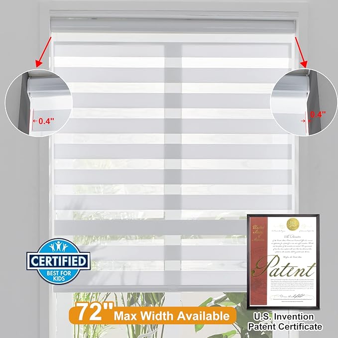 Persilux Cordless Zebra Blinds for Indoor Windows, Free-Stop Zebra Blinds Cordless, Light Filtering Sheer Shades Dual Layer for Day and Night, Zebra Roller Shades for Home (46.5" W X 47" H, White)