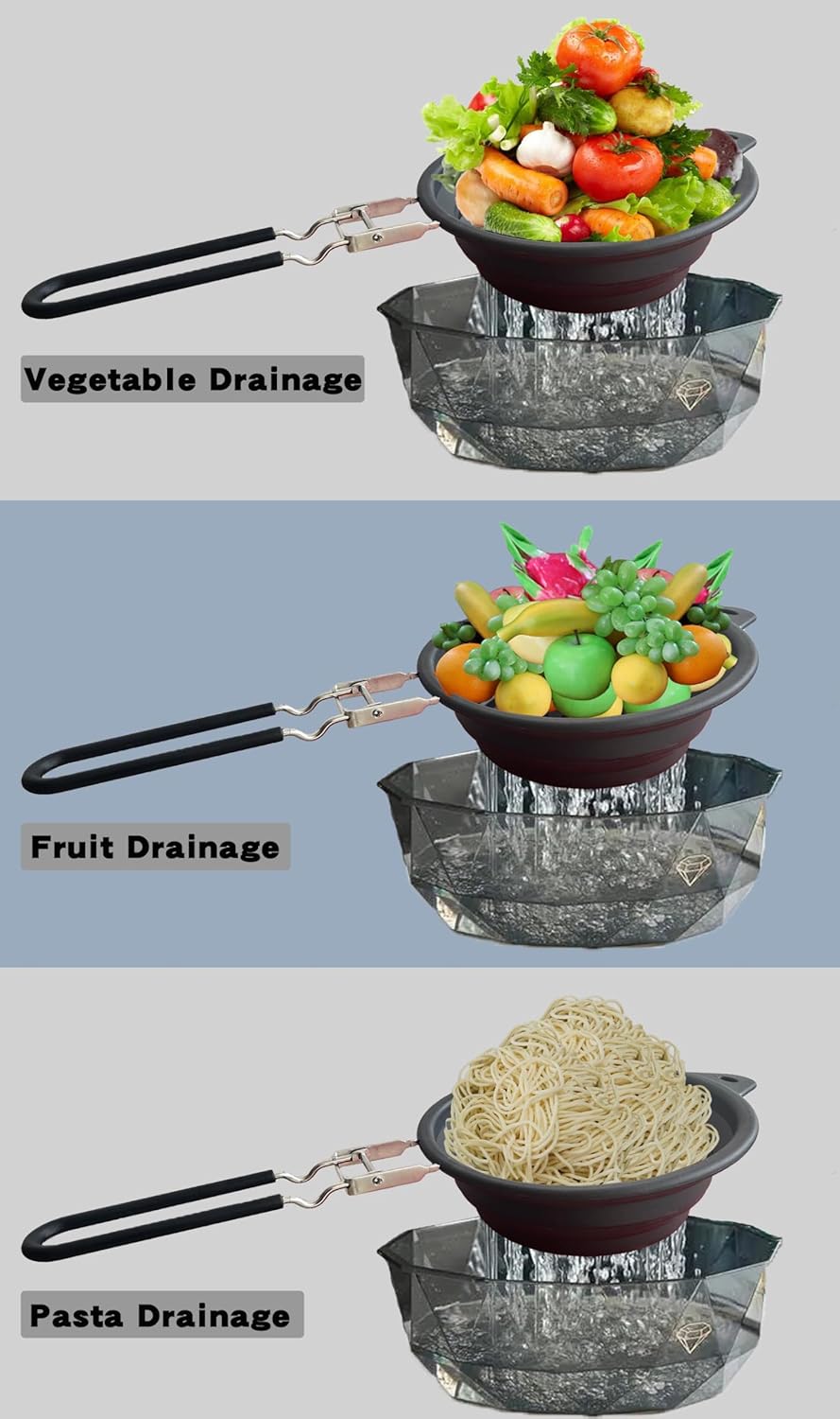 Silicone Collapsible Colander with Handle,Home/RV Kitchen Space Saving Silicone Colander,Drainage of Food,Vegetables,Fruits (Black)