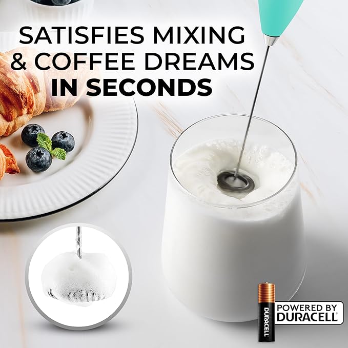 Zulay Kitchen Handheld Milk Frother with Duracell AA Batteries – Ultra Fast Electric Mixer & Foam Maker, Easy-Clean Drink Mixer for Coffee & More - Caribbean Aqua 2B