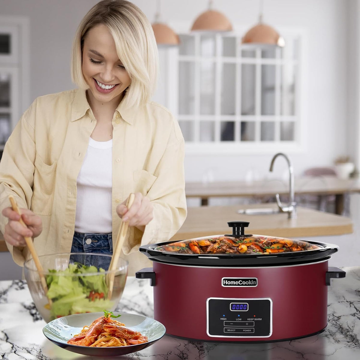 HOMECOOKIN 7 Quart Programmable Slow Cooker, Kitchen Appliances, Perfect Kitchen Small Appliance for Family Dinners, Red Stainless Steel