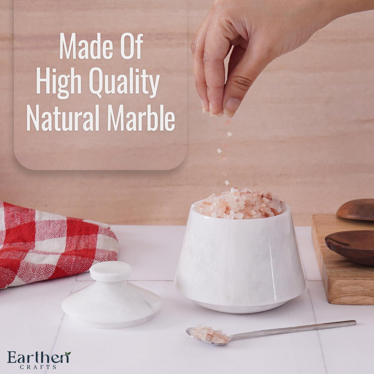 Marble Salt Cellar With Lid White 4 Inch Salt Jar with Spoon, Salt and Spices Storage Box For Kitchen Counter, Modern Salt Keeper