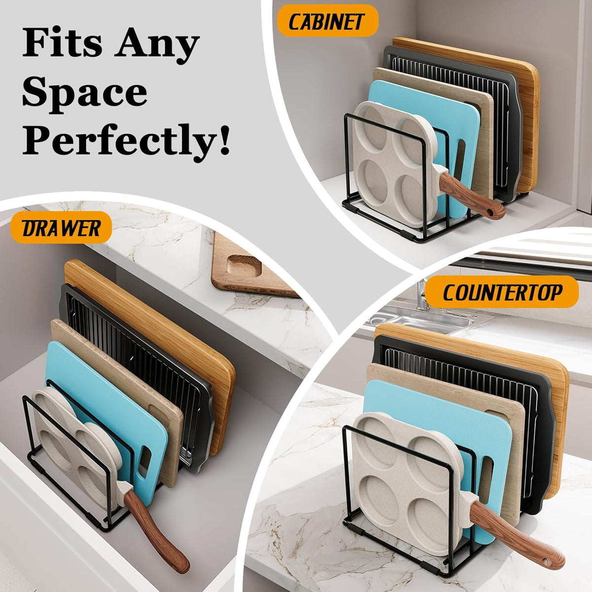 Kitchen Pan Organizer and Pot Rack, 5-Slot Steel Holder for Thin Pans, Baking Trays, and Cutting Boards - Space-Saving Storage