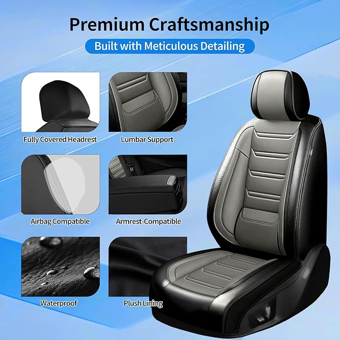 Car Seat Covers for Select Honda Fit 2007-2020, Premium Full Coverage Leather, Airbag Compatible& Scratch-Resistant, Waterproof & All Weather Breathable Seat Protector, Front Pair Black+Gray