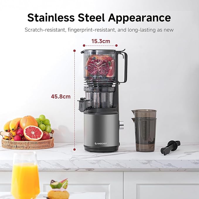 Cold Press Juicer Machine with 6" Extra-Wide Feed Chute,Triple Stainless Steel Filter,Quiet DC Motor,Easy to Clean,Slow Masticating Juicer High Juice Yield,Grey