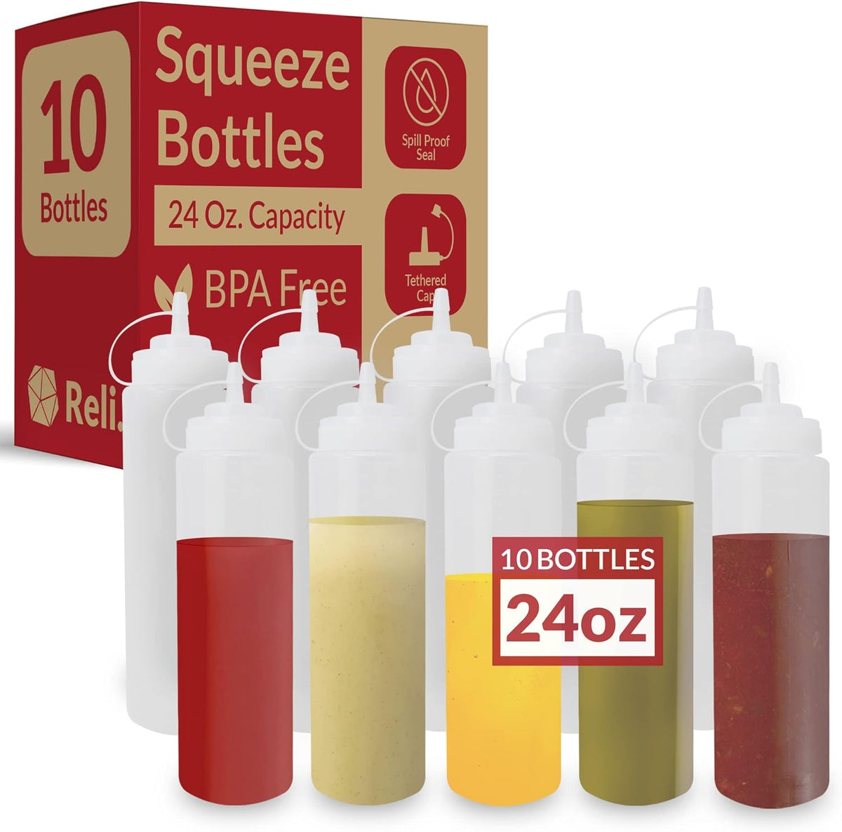 Reli. Plastic Squeeze Bottles, 24 oz. | 10 Pack | Condiment Squeeze Bottles for Sauces | Clear w/Tethered Caps | 24 Ounce Hot Sauce, Ketchup | Condiments, Olive Oil, Liquids
