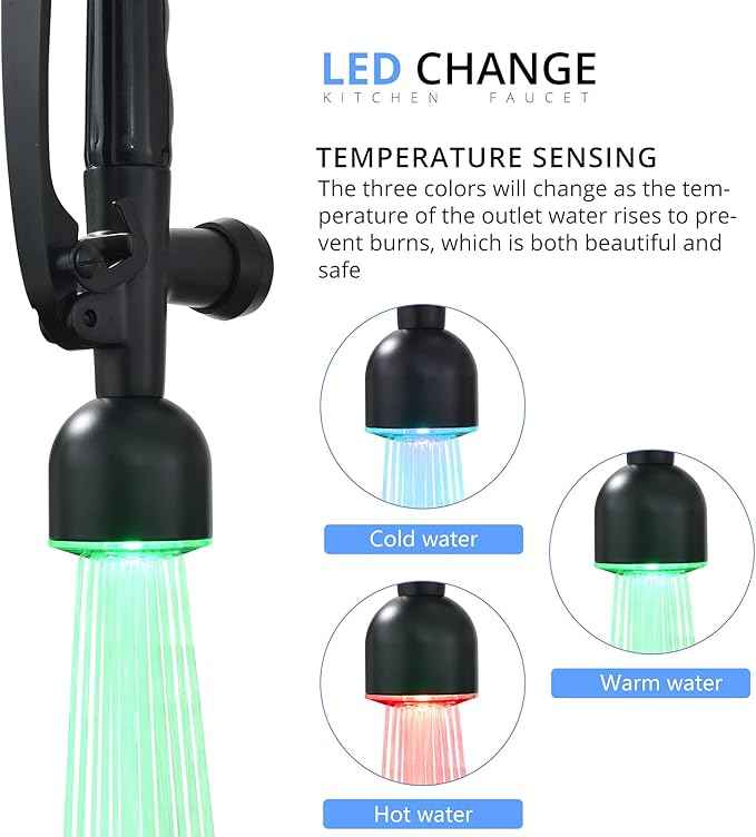 Fapully Commercial Kitchen Faucets with Pull Down Sprayer Matte Black LED Single Handle Faucet for Kitchen Sink, Kitchen Faucet with Soap Dispenser and Deck Plack for 4 Hole