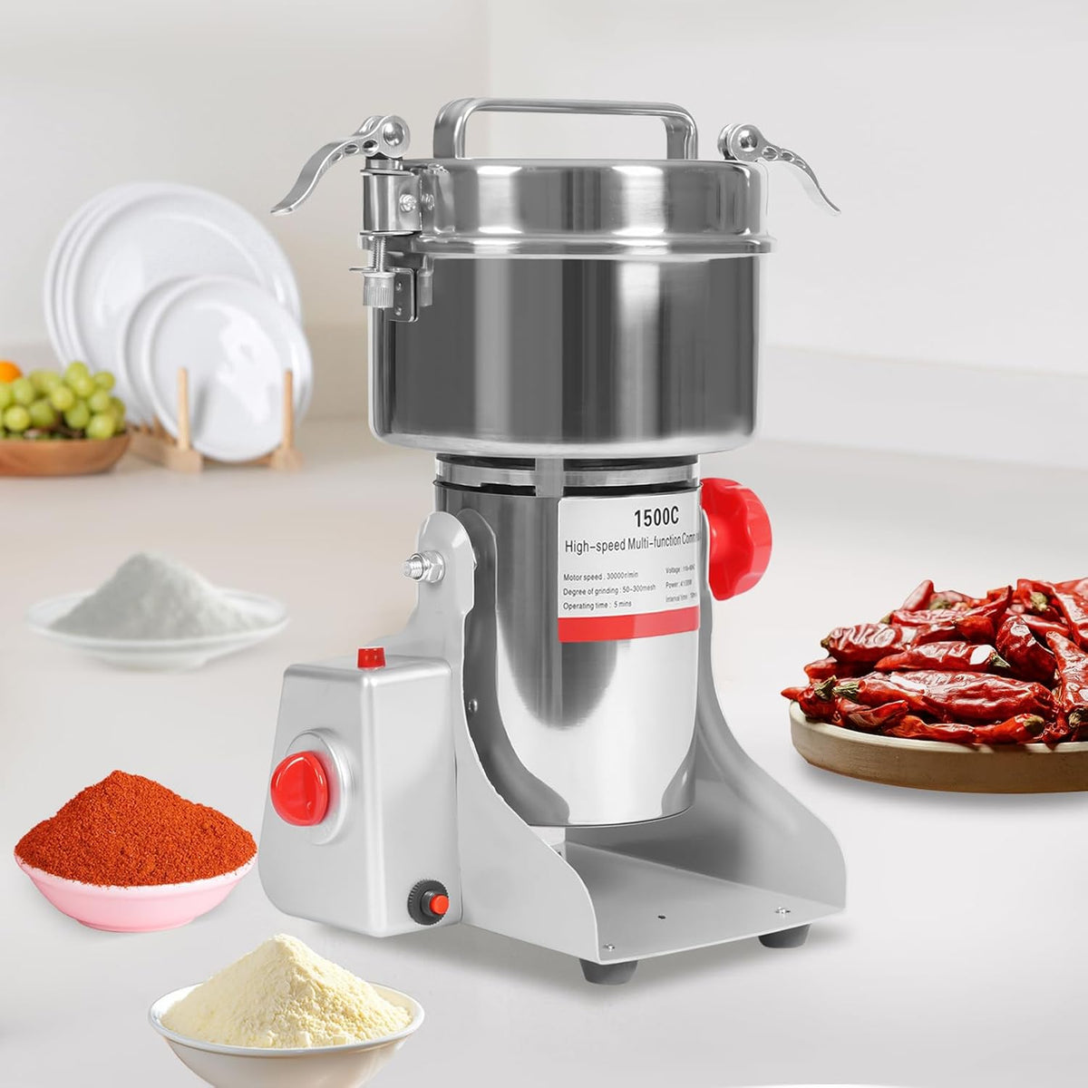 Electric Grain Mill Grinder, 1500g/3.31lbs High-speed 30000r/min Food Grinder, 110V 4100W Countertop Grain Mill for Dry Spice Herbs Grains Coffee Rice Pepper (1500g)
