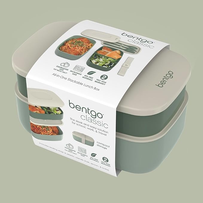 Bentgo Classic - Adult Bento Box, Stackable 3-Compartment Lunch Box with Removable Utensil Set and Sealing Strap, BPA-Free, Food Container Ideal for Meal Prep, Work, and On the Go (Khaki Green)