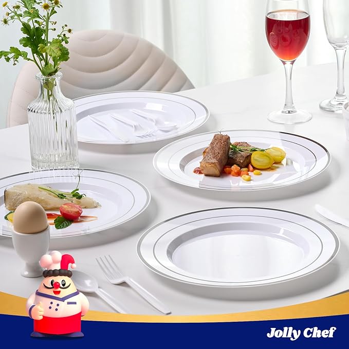 JOLLY CHEF 100 Pieces Silver Plastic Plates, 10 Inch Elegant Disposable White with Silver Rim, Plastic Plates for Thanksgiving, Birthdays and Weddings