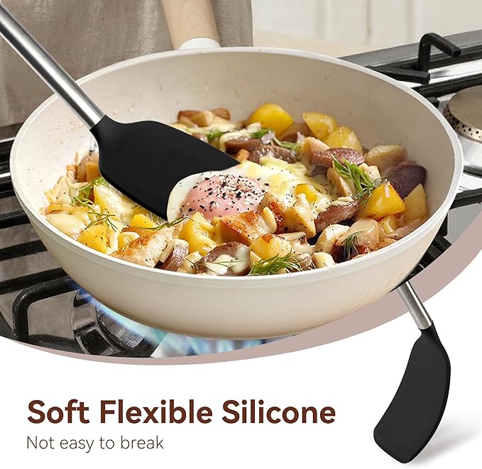 Silicone Cooking Utensils Set, NCUE 35 Pcs Kitchen Utensils Set with Holder, with Stainless Steel Handle Spatula Set, Spoons, Pasta Server, Cheese Grater, Masher, Scissors, Dishwasher Safe (Black)