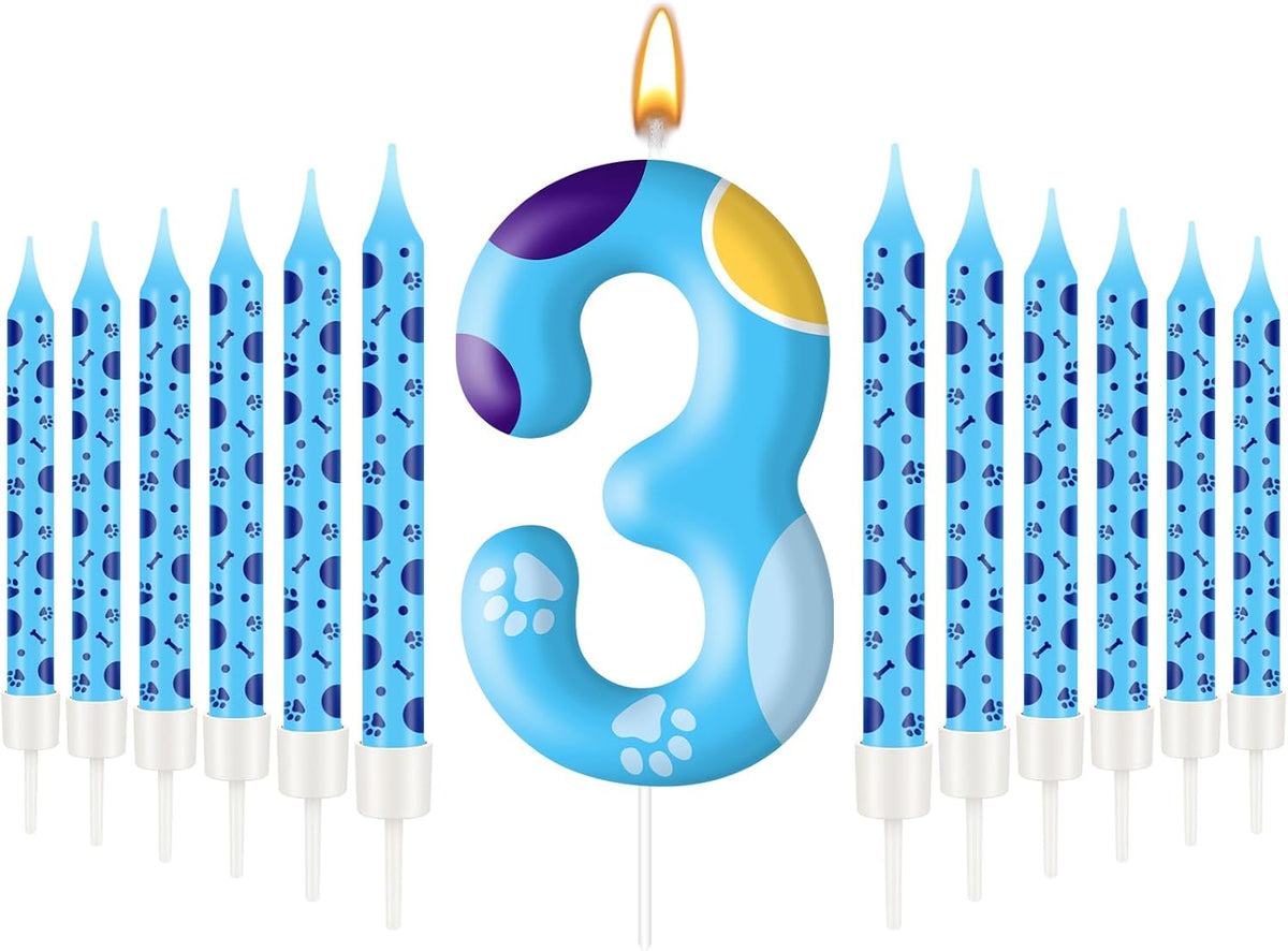13PCS Blue Dog Paw Birthday Candles Set Cake Topper Numeral Birthday Candles for Boy Girl Dog Paw Decoration(Number 3)