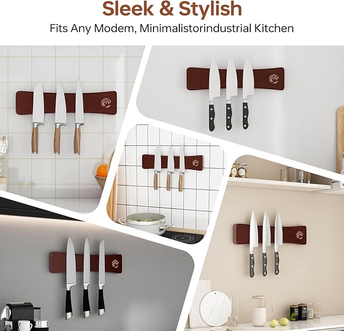 Magnetic Knife Holder for Wall 10 Inch, Premium Oak Wood Magnetic Knife Strip with N52 Strong Magnets, No Drilling Wooden Knife Rack Bar for Kitchen Knives & Tools（Black Walnut Color）