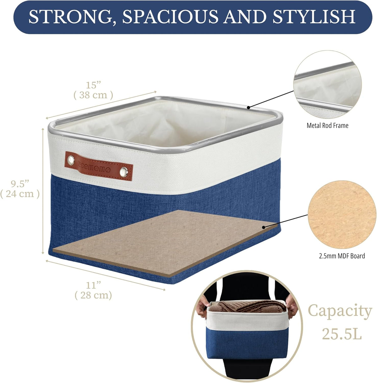 DECOMOMO Storage Baskets for Shelves - Fabric Storage Bins, Linen Closet Organizers and Storage (Navy Blue & White, Large - 3 Pack)