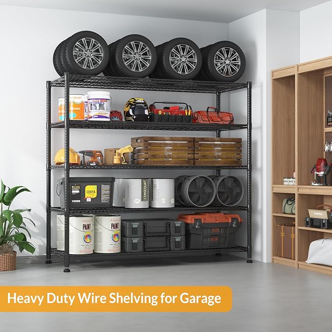 Himimi Storage Shelves with Wheels, 5-Tier Heavy Duty Steel Wire Rack Storage Shelving, Adjustable Metal Storage Shelves for Garage Kitchen Pantry Bathroom Laundry 18" D*60" W*82" H, Black
