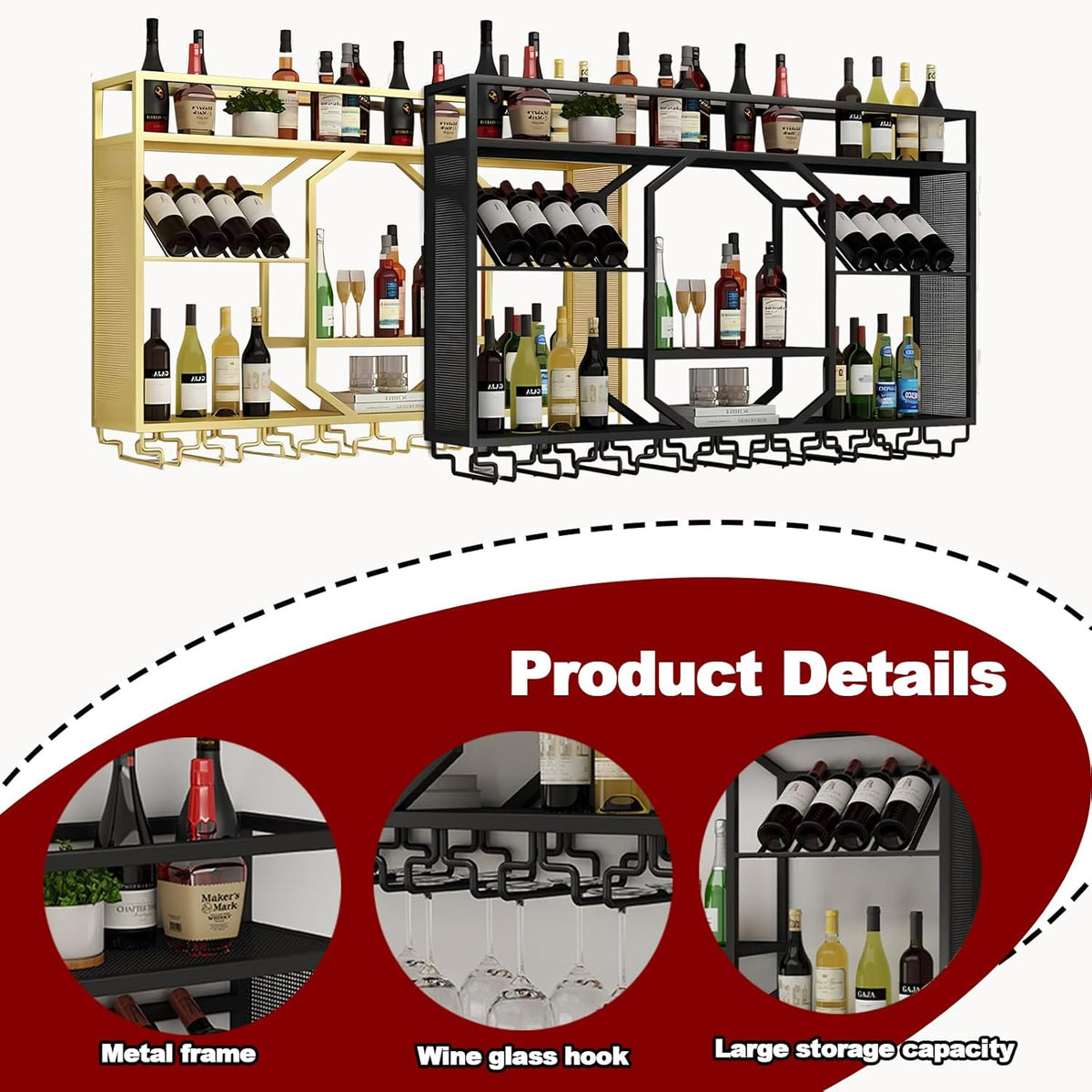 Wall Mounted Wine Rack, 3-Tiers Metal Bar Bottle Holder, Modern Wine Glass Storage Display Shelves, Wall Wine Rack for Kitchen Bar Dining Rooms Decoration ﻿ (Black, 63in/160cm)