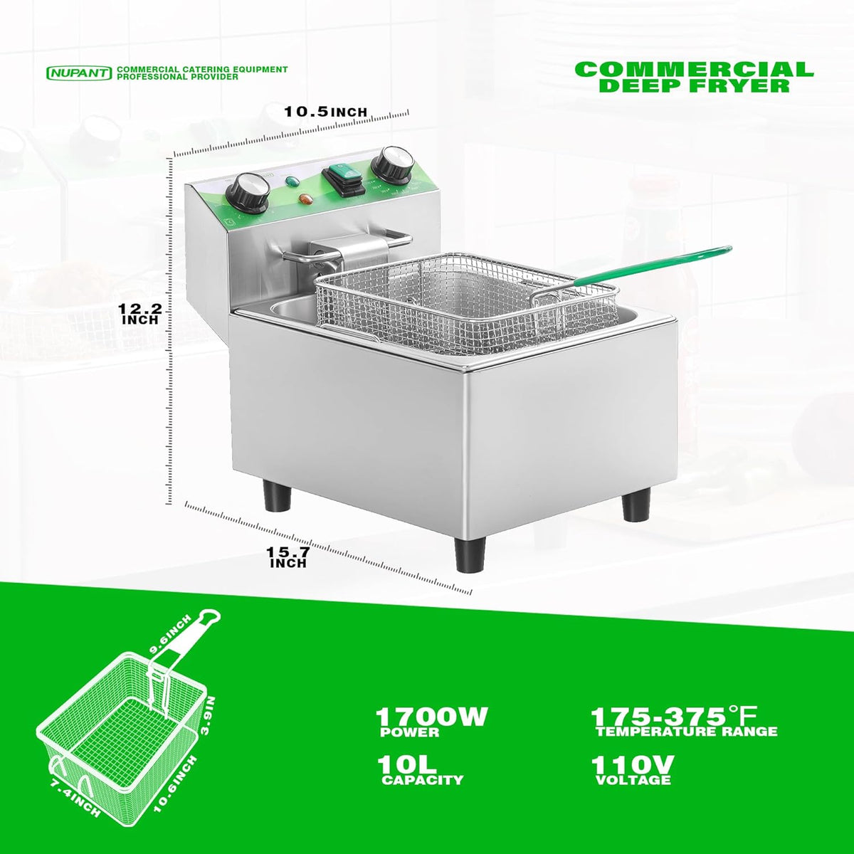 Electric Deep Fryer with Timer 10L/10.6QT Commercial Deep Fryer with Basket and Lid, Temp Control, 1700W/110V Stainless Steel Single Oil Fryer Countertop Fryer for Home and Restaurant Use