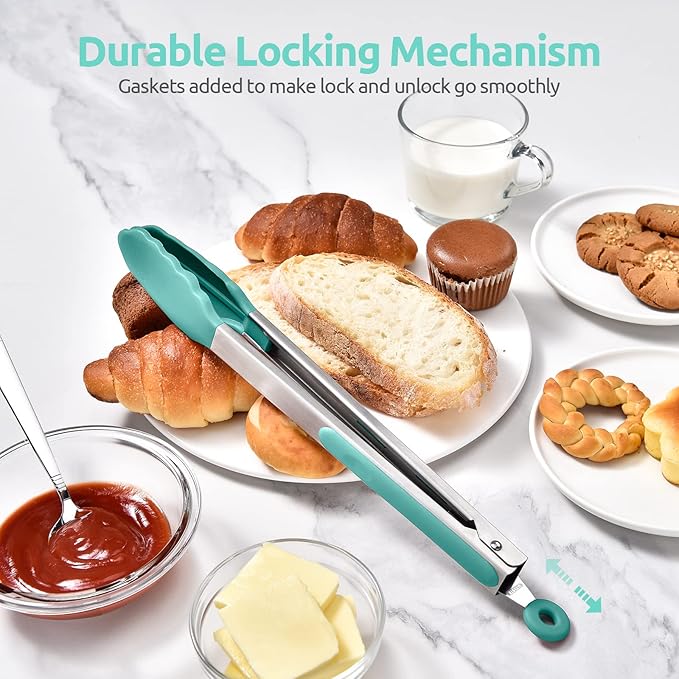 Heat Resistant Silicone Kitchen Tong: U-Taste 12 inch Large 480ºF Hot Proof Cooking Tong with Sturdy Non Stick Rubber Tips & Silicon Coated Steel Handle & Smooth Locking for Serving Salad (Aqua Sky)