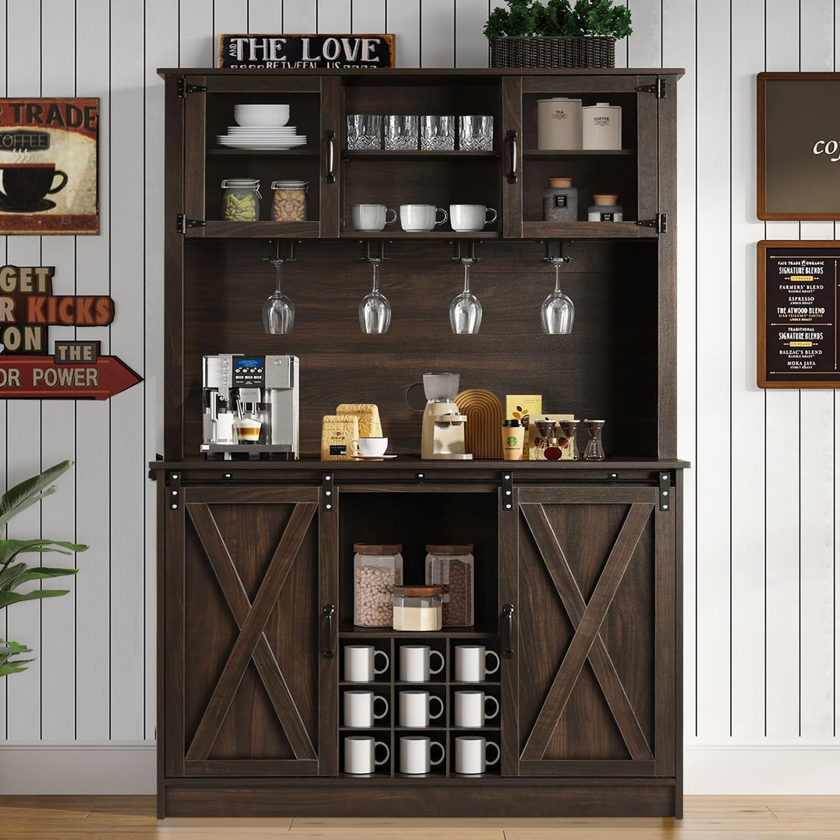 4ever2buy 72" Farmhouse Coffee Bar Cabinet with 2 Glass Doors & 9 Wine Racks, Tall Hutch Cabinet with Storage, Wine Bar with 4 Row Metal Glass Holder, Dark Oak