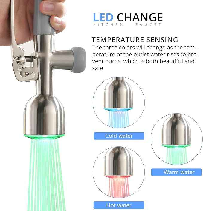 Fapully Commercial Single Handle Pull Down Sprayer Brushed Nickel Kitchen Faucet, Kitchen Sink Faucet with LED Light