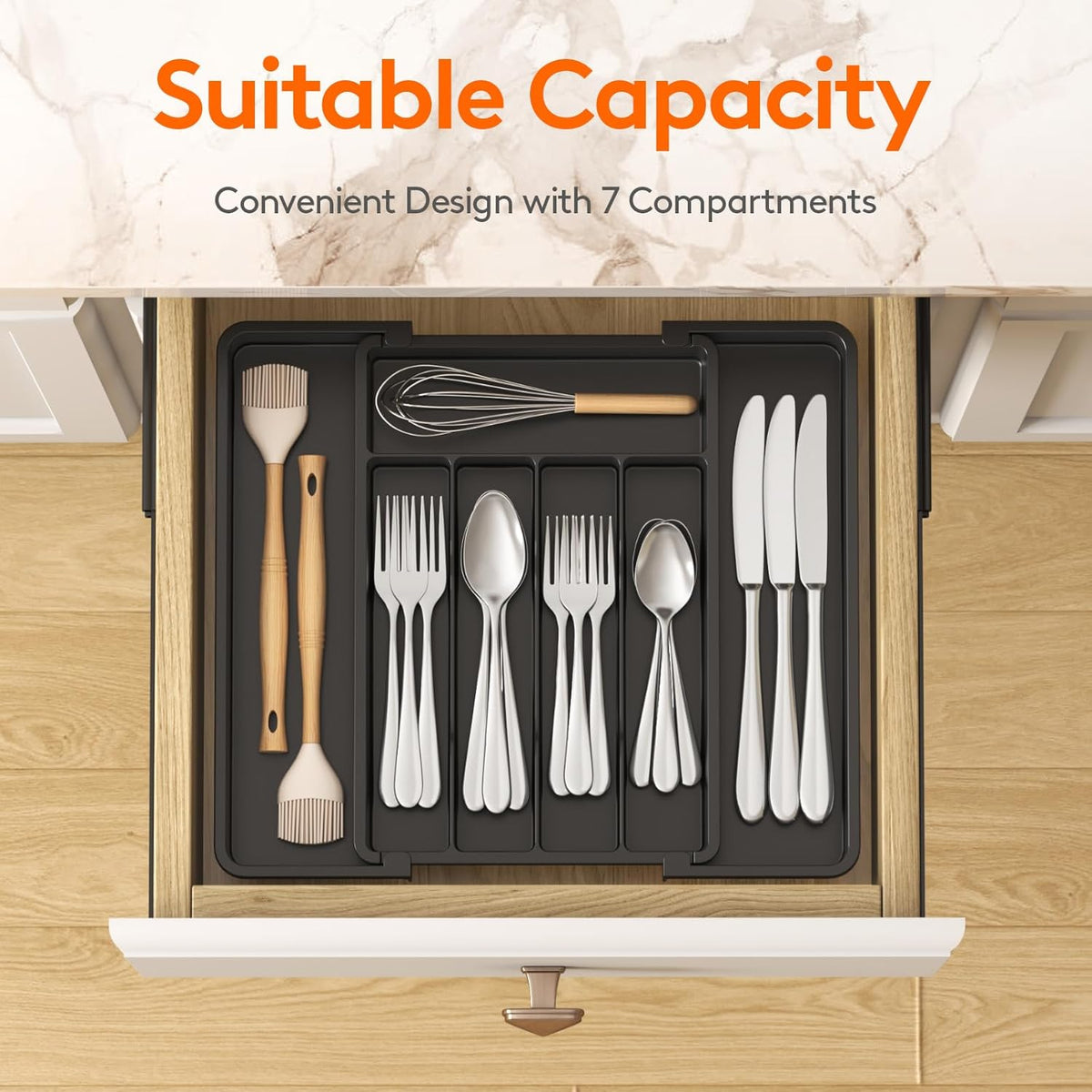 Lifewit Silverware Drawer Organizer, Expandable Utensil Tray for Kitchen, BPA Free Flatware and Cutlery Holder, Adjustable Plastic Storage for Spoons Forks Knives, 8.5"-14.1" x 12.1", Black