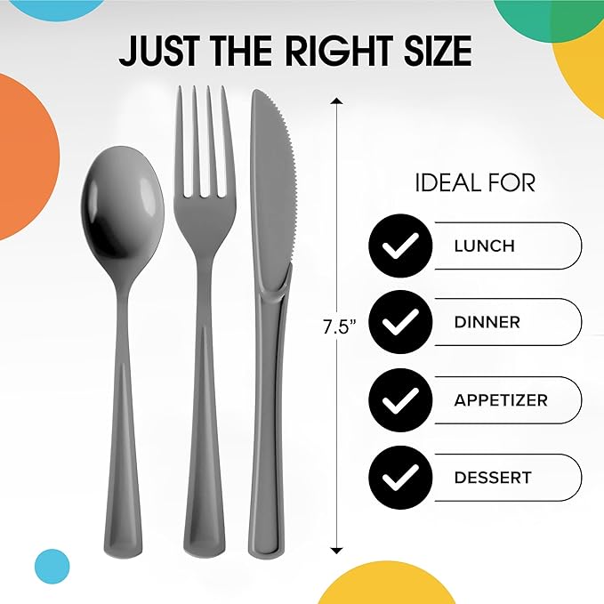 Party Solids Silver Plastic Silverware Heavy Duty 150 Pieces Silver Plastic Cutlery Sets, Utensil Sets, 50 Of Each Forks, Knives & Spoons Disposable Cutlery Set, Flatware Set For Party Supplies
