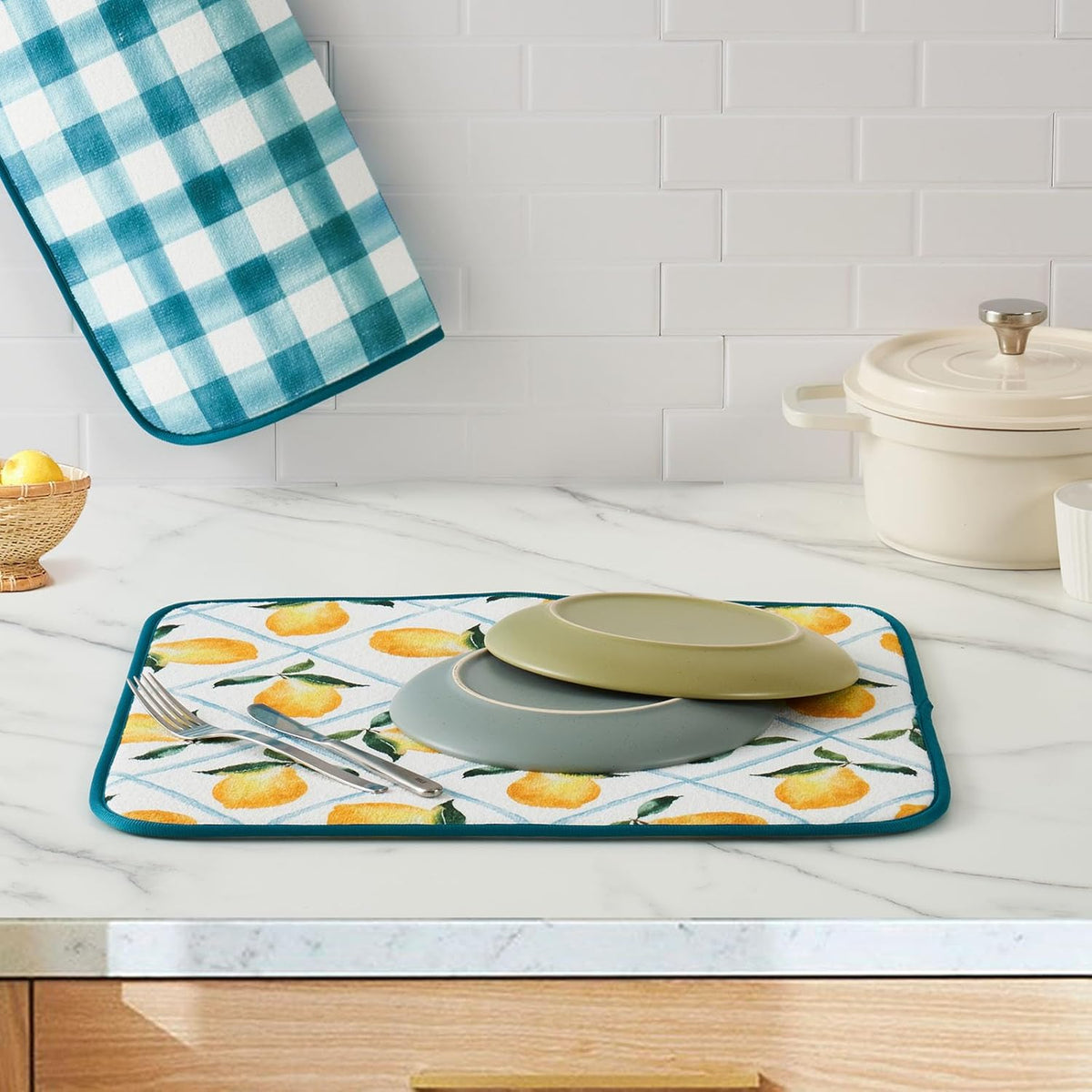 FRESHMINT Printed Dish Drying Mats for Kitchen Counter 2 Pack Absorbent Reversible Drying Mats Microfiber Kitchen Countertop Protector Dishes Drying Pad Extra Large 18"x24" Dish Mat