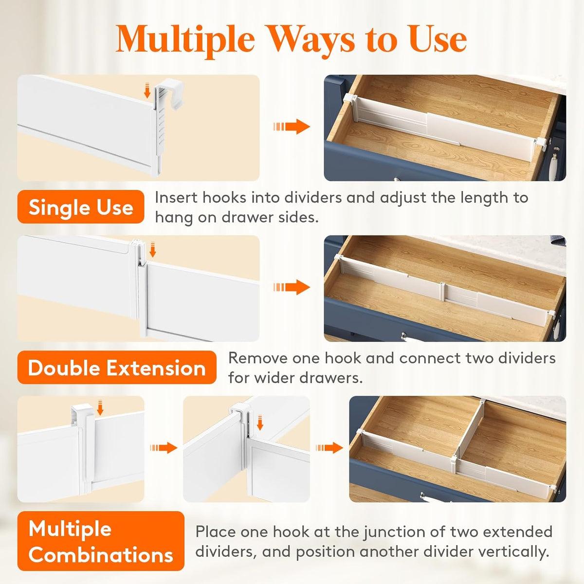 Lifewit Hanging Kitchen Drawer Dividers 3.1" High, 10-17" Adjustable Drawer Organizers for Utensils, Expandable Dresser Separators in Kitchen/Bedroom/Bathroom/Vanity/Office, White(6 Pack)