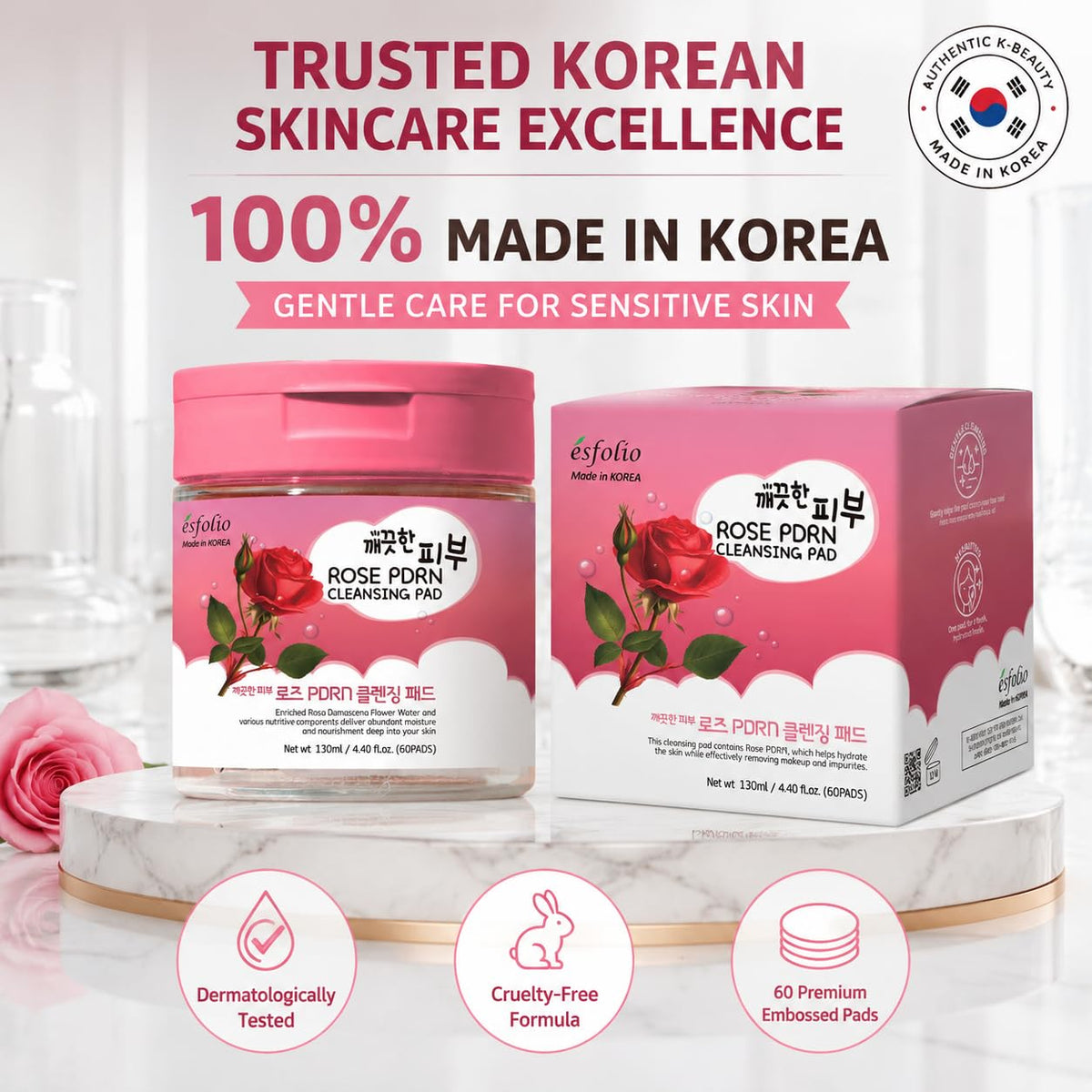 Esfolio made in Korea PDRN Rose Cleansing Pad Gentle Daily Facial Pads with Rice Extract for Skin Clarity and Softness Easy One-Step Cleanser for Radiant Complexion Korean Skincare 60 Count