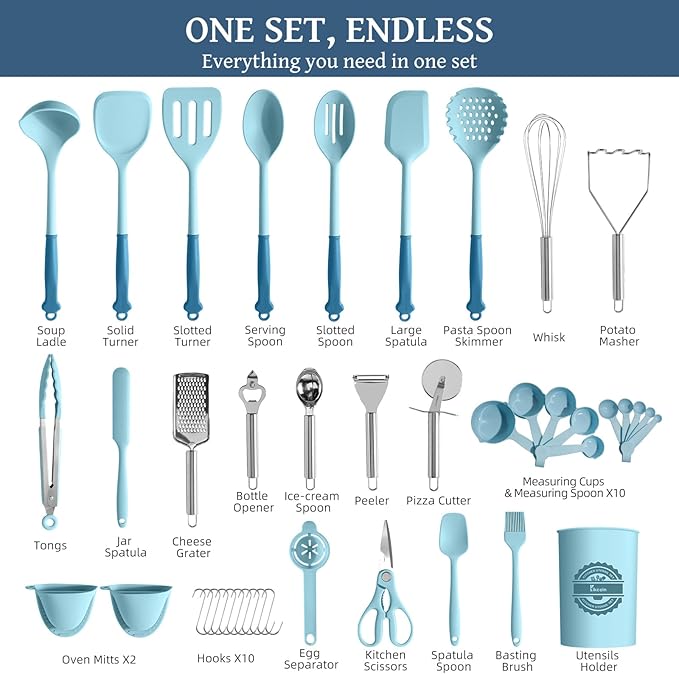 Kikcoin 43Pcs Large Kitchen Utensils Set - Silicone Cooking Utensils Set, Dishwasher Safe Spatula Set for Non-stick Cookware, 446°F Heat Resistant Kitchen Utensils Set with Holder BPA Free, Blue