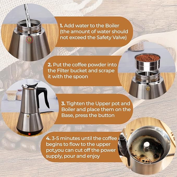 Electric Stainless Steel Moka Pot 6 Cup 300ml Mocha Pot Espresso Maker with Detachable Base Ideal Coffee Maker for Home Italian and Cuban Café Coffee maker Espresso maker Coffee Pot