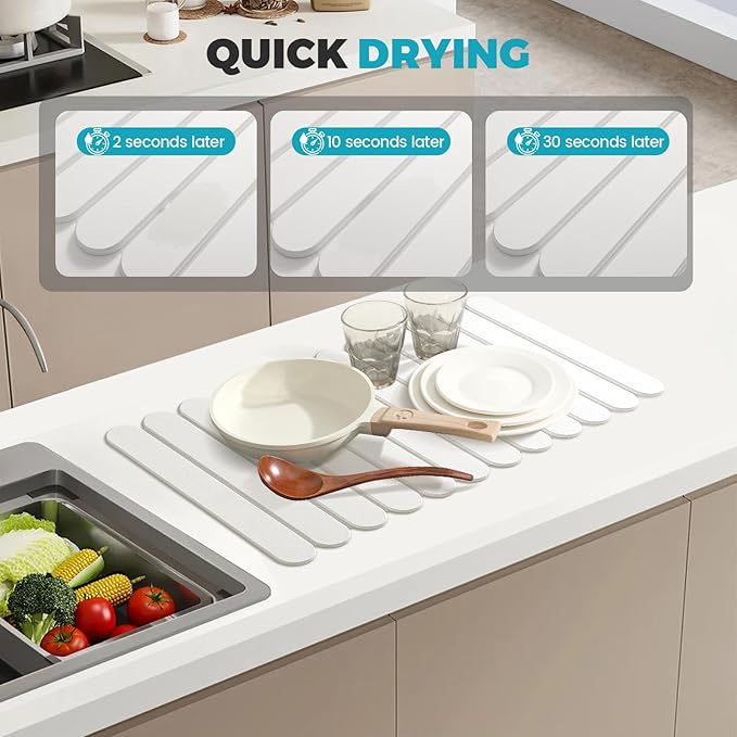 Extral Large Quick Dry Stone Drying Mat for Kitchen Counter,28"(L)x16"(W) Collapsible Eco-Friendly Absorbent Diatomaceous Earth Mat for Dishes Cups,Dish Drying Mats (White-Ellipse, 28x16 inch)