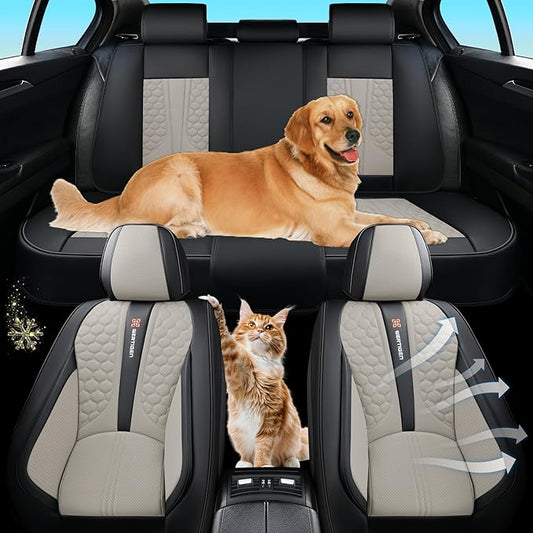 Black and Grey PU Leather Car Seat Covers - Luxury Waterproof Car Seat Covers with Lumbar Support, Non-Slip Base, Airbag Compatibility, Easy Installation and Cleaning