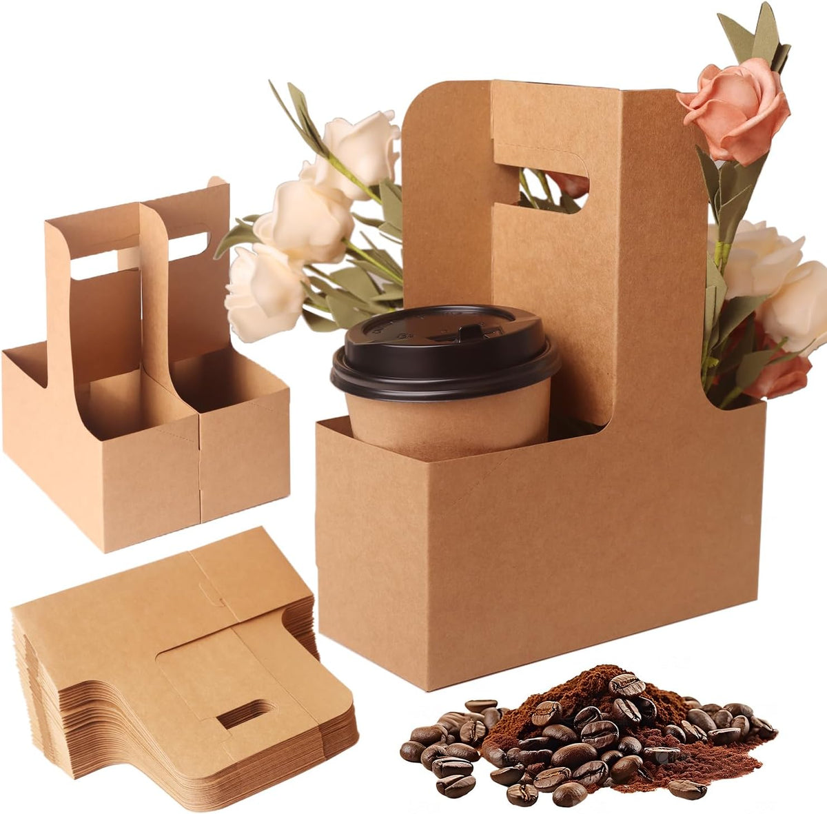 100 Pack 2-Cup/4-Cup Drink Carrier with Handle (12-30oz) | Disposable Paperboard Cup Holder | Foldable Beverage Tray for Hot/Cold Drinks, Coffee to Go, Delivery & Takeout
