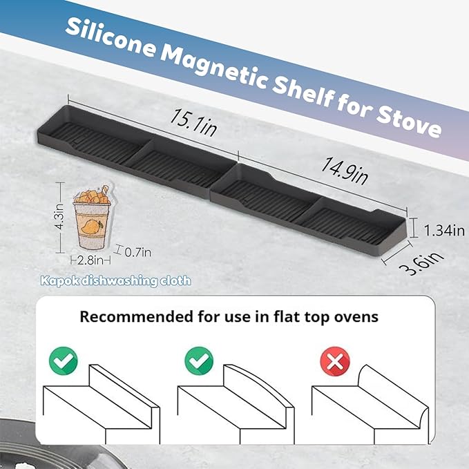 30 Inch Magnetic Silicone Stove Top Shelf,Heat Resistant Over The Stove Spice Rack for Kitchen,Space Saving Organizer Back of Stove,Includes 6 Additional Sticky Boards(Black,30''x3.8'')