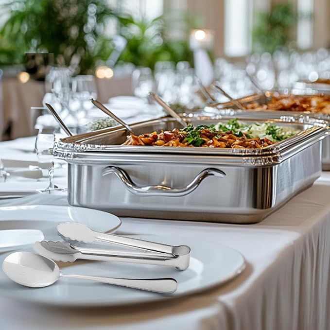 12PCS Stainless Steel Serving Utensils Sets with 8 Large Serving Spoons,4 Serving Tongs,Silver Serving Utensills Sets for Buffet Catering Banquet Party (Silver)