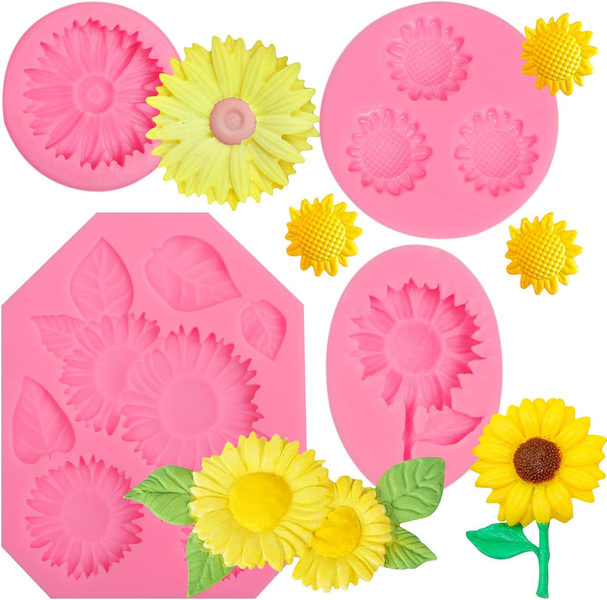 Sunflower Mold Silicone 4 Pcs, Daisy Flower Molds Chrysanthemum Flower Leaves Mold for Decoration Candy Sugar Cupcake Topper Cake Pop Popsicle Polymer Clay Crafts