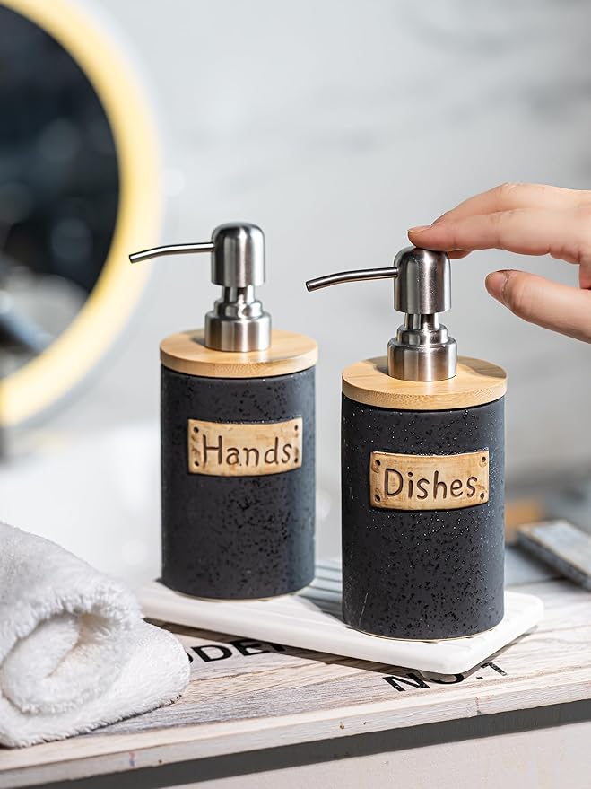 Kitchen Soap Dispenser Set, Ceramic Hand and Dish Soap Dispenser for Bathroom, Includes Instant Dry Tray, Collapsible Funnel, 15 Oz, Black