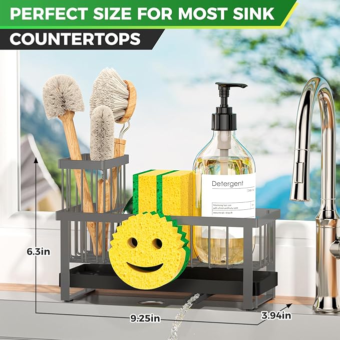 Sponge Holder for Kitchen Sink,Sink Caddy with Removable Dish Brush Holder,Self-Draining Kitchen Countertop Organizers and Storage Essentials,Soap Dispenser Organize and Home Decor-Gray