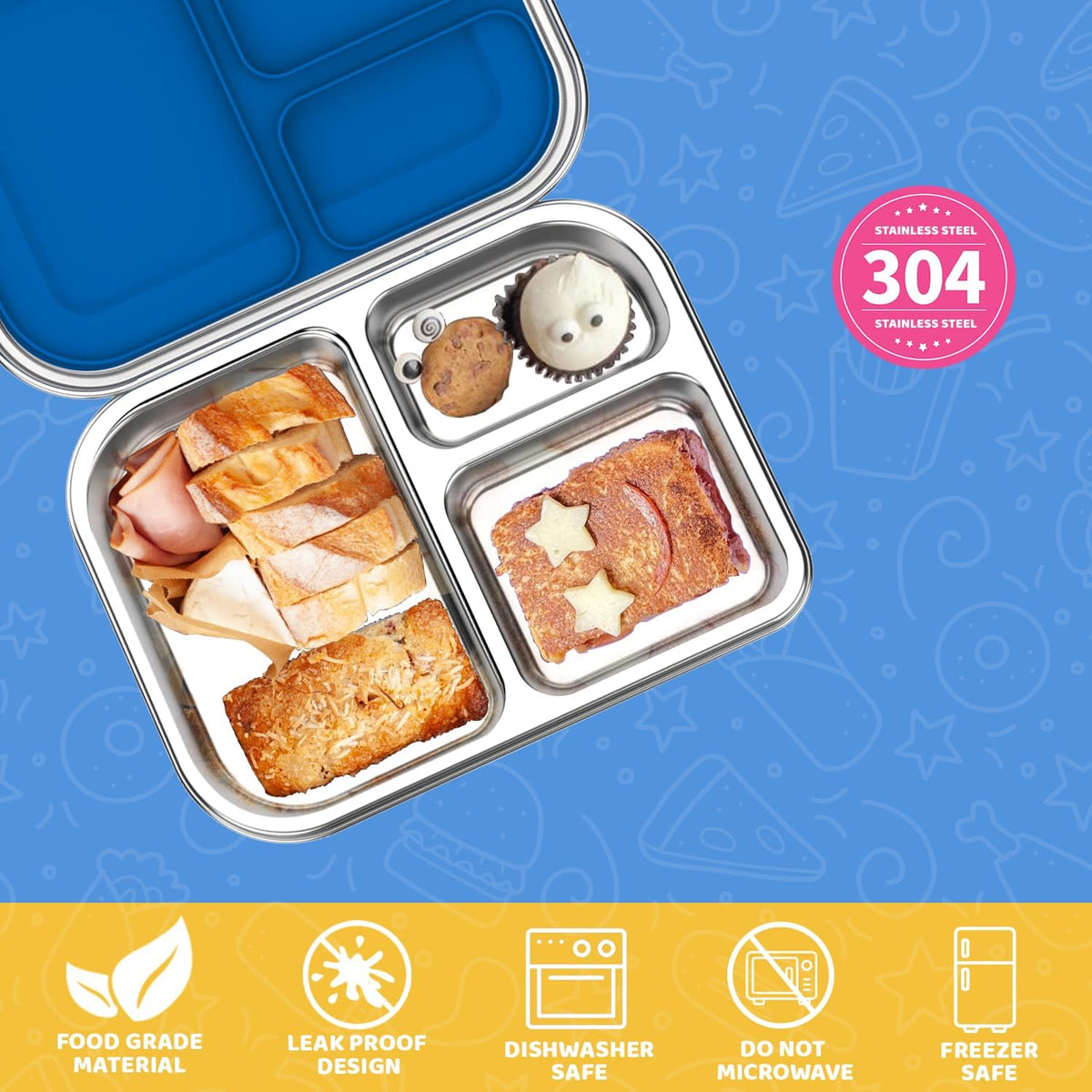 Stainless Steel Lunch Box 1000ml - 3 Compartment Bento Box for Kids & Adults, Leakproof Food Container, BPA-Free Metal Lunch Box with Silicone Seal, Eco-Friendly/Dishwasher Safe (Blue)