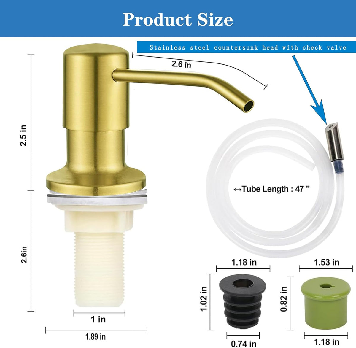 Soap Dispenser for Kitchen Dish Sink Built in Soap Dispenser Pump Gold with 47" Extension Tube Kit