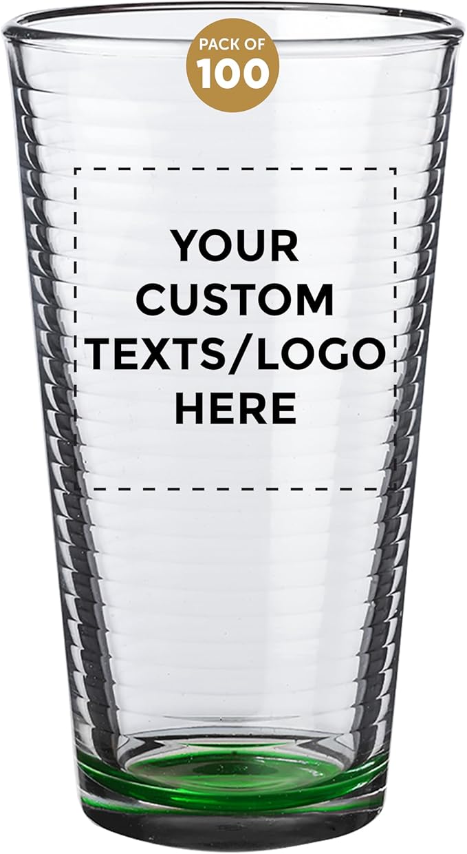 Custom Spiral Pint Glass 16 oz. Set of 100, Personalized Bulk Pack - Beer Glasses, Heavy Duty Drinkware - Green