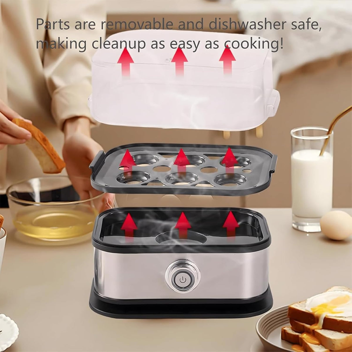 Sunny Side Master Egg Cooker, Smart Egg Cooker with Auto Shut, Multi-Function 6-in-1 Stainless Steel Electric Rapid Egg Cooker for Home Use (1)