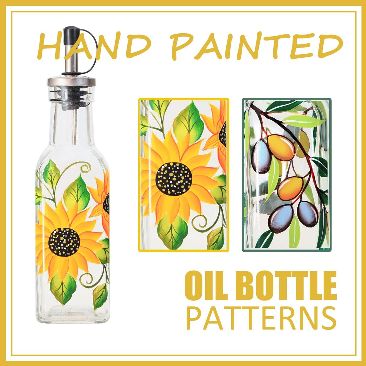 7oz Hand Painted Glass Olive Oil Bottle Dispenser - 200ml Green Oil & Vinegar Cruet with Pourers - Olive Oil Carafe Decanter for Kitchen (Sunflower)